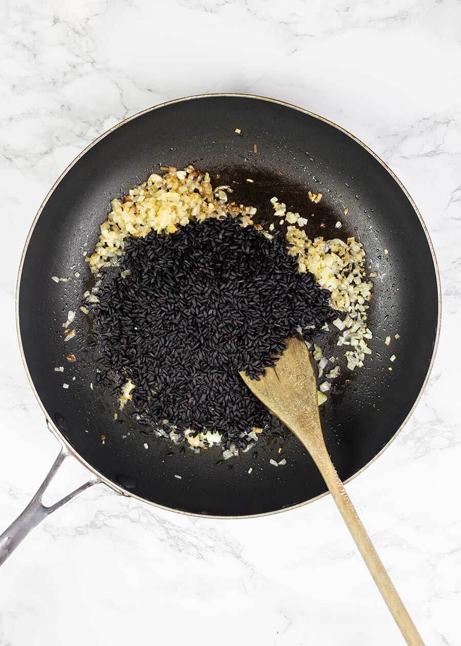 Black rice in a pan 