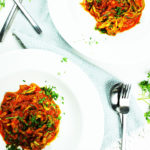 Roasted tomato and peppers sauce with mint served with courgetti