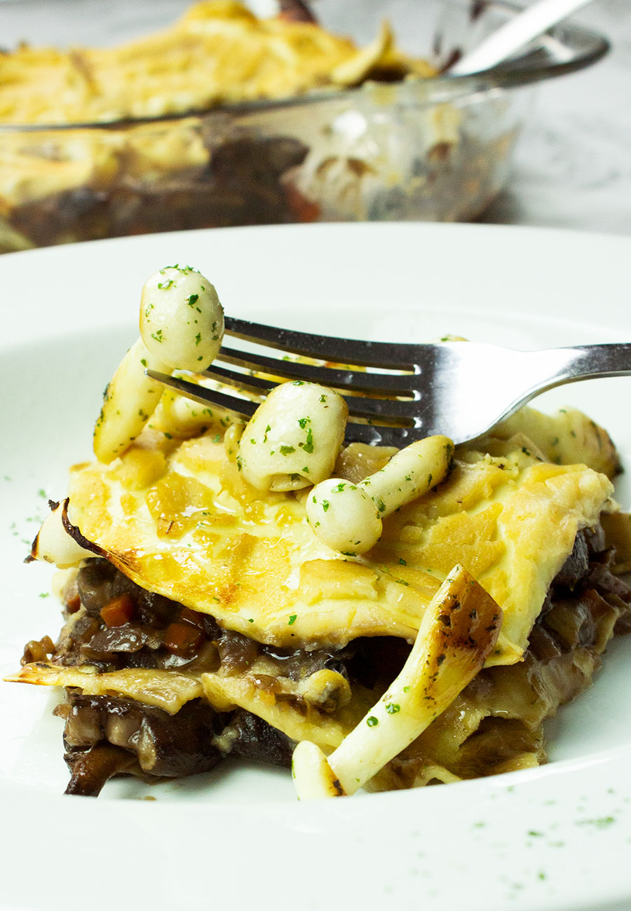 Mushroom lasagne with pear and cauliflower white sauce