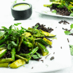 Green garden salad with black rice and a zingy spinach & garlic dressing