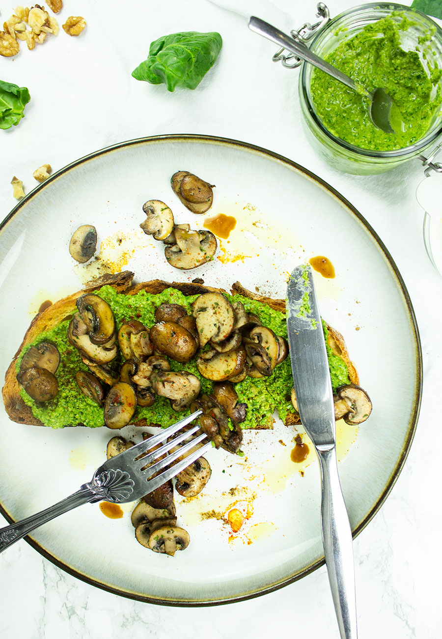 Walnut, spinach pesto and mushrooms on toast