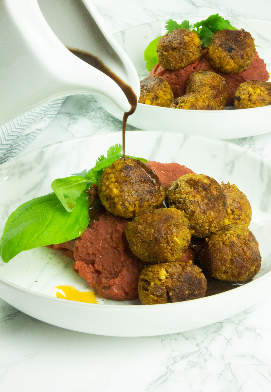 Healthy vegan tofu meatballs with gravy