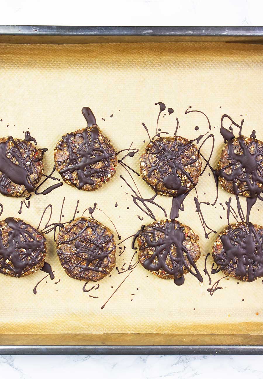 Homemade protein bar cookies on a tray