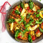 Vegan easy paella recipe with green vegetables