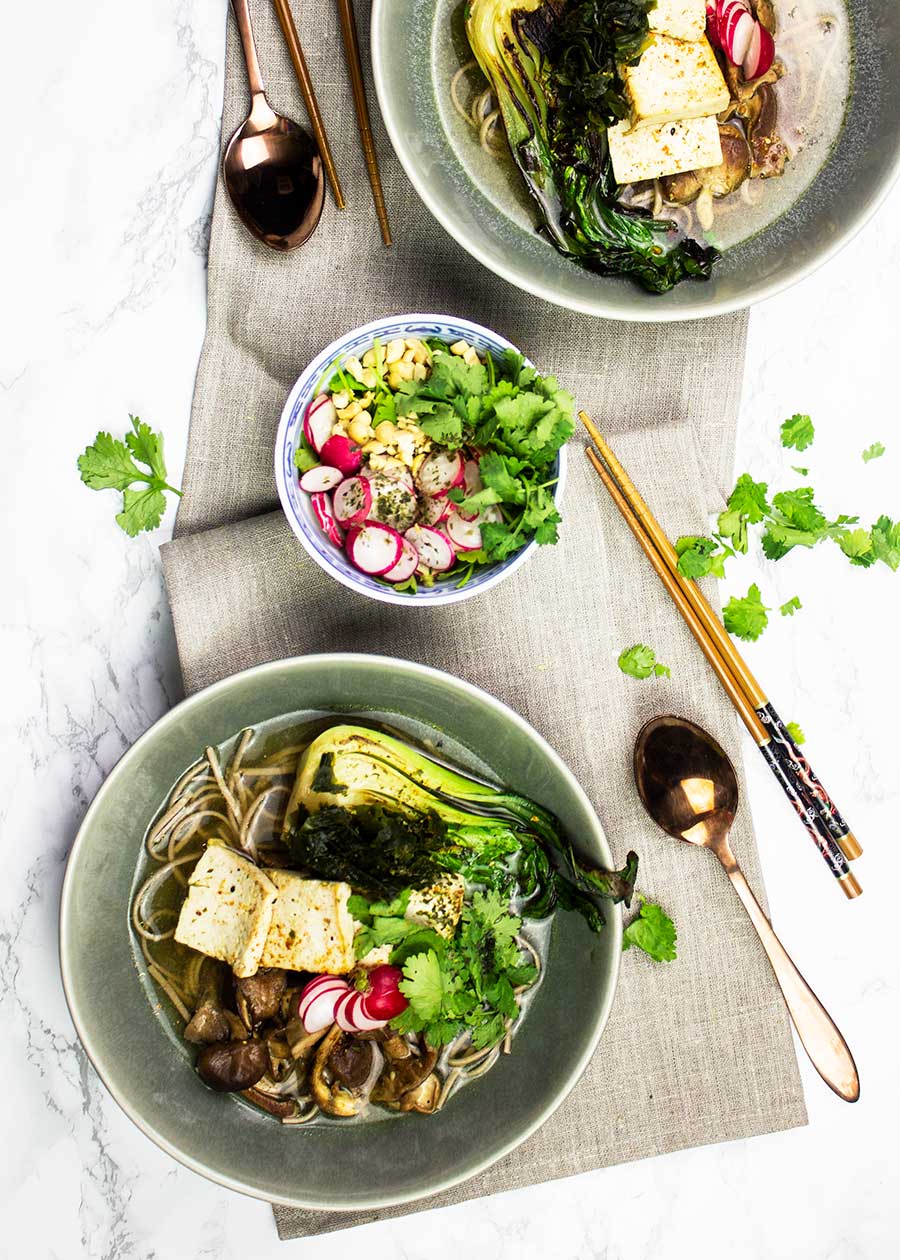 Healing Japanese broth with noodles and plants