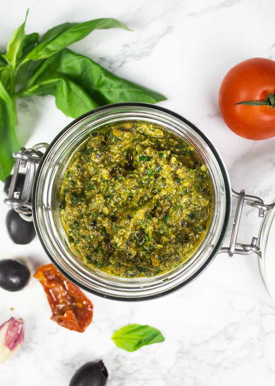 Homemade pesto with black olives