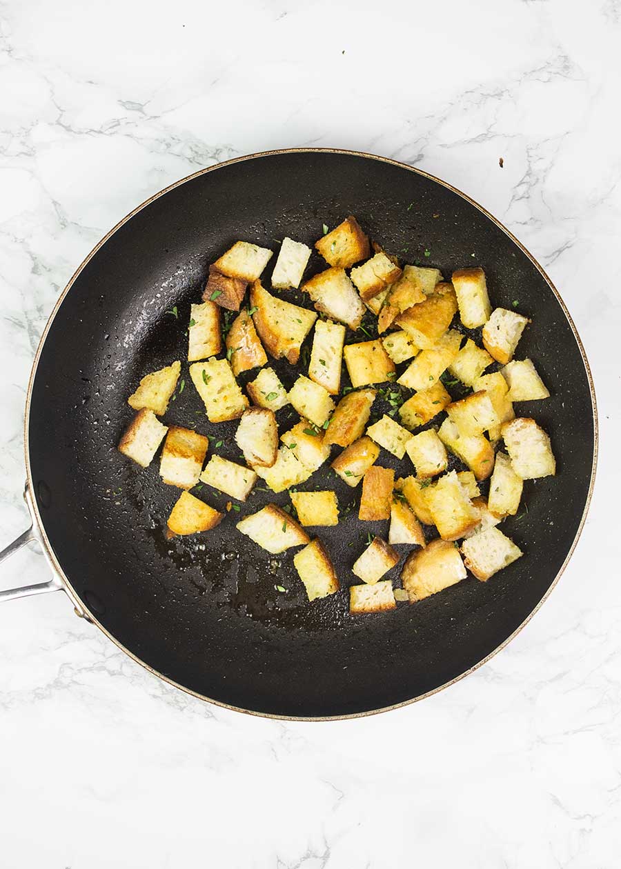 Sourdough croutons in a pan