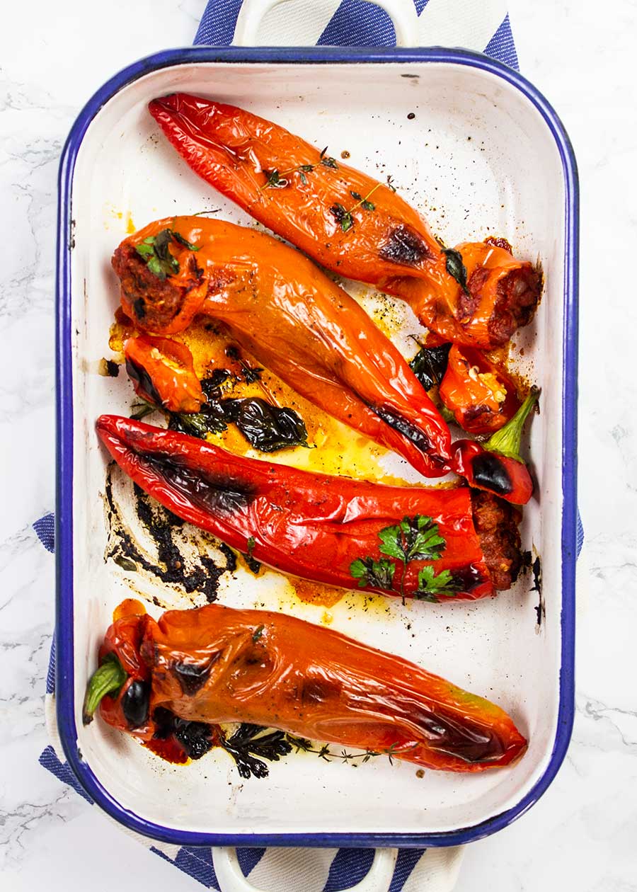 Stuffed peppers in a roasting tin